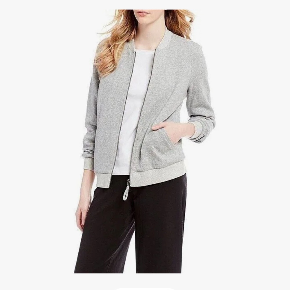 EILEEN FISHER Gray 100% Organic Cotton Knit 2-Way Zip Bomber Jacket size 1X - Picture 5 of 14
